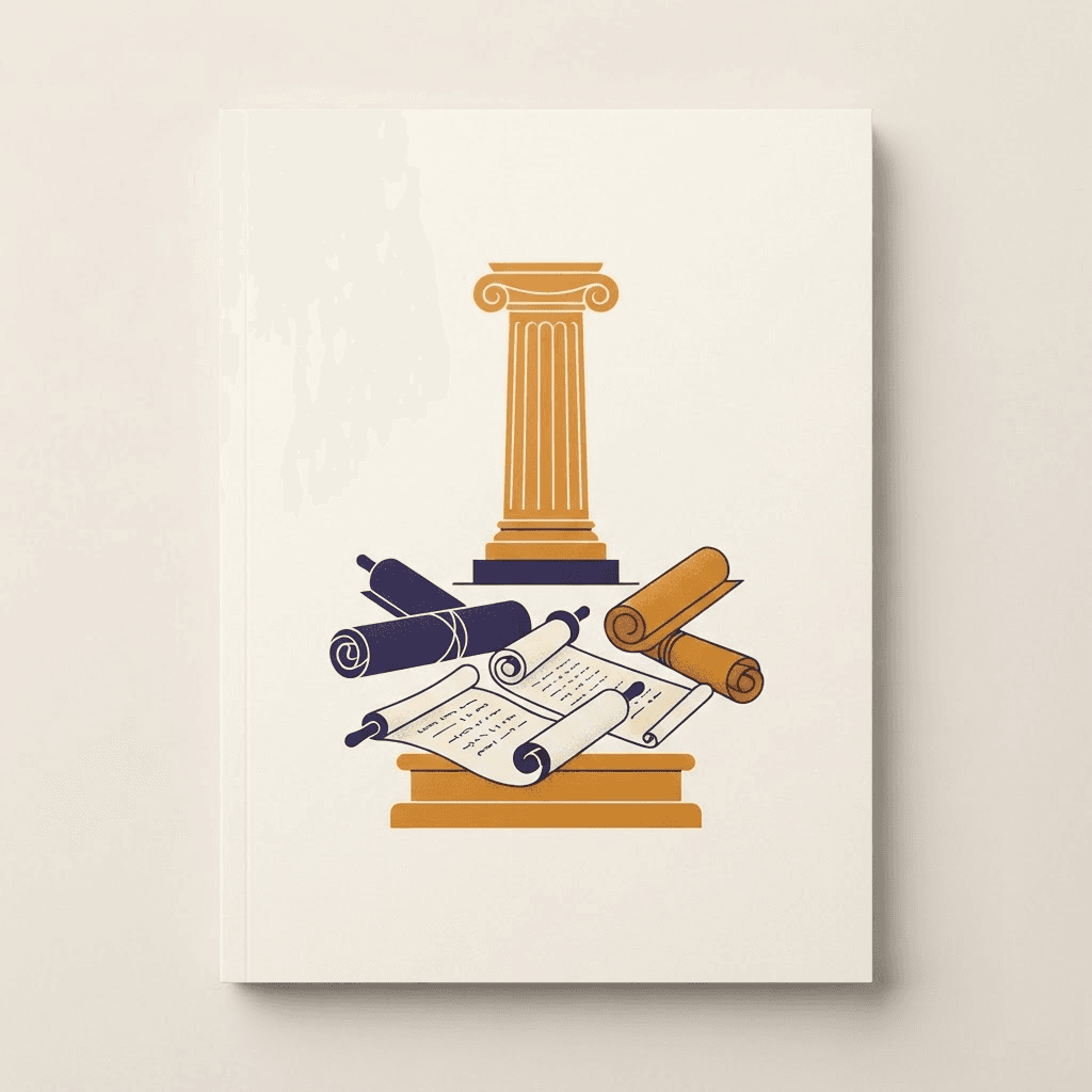 Illustration of ancient scrolls unrolled beside a classical column