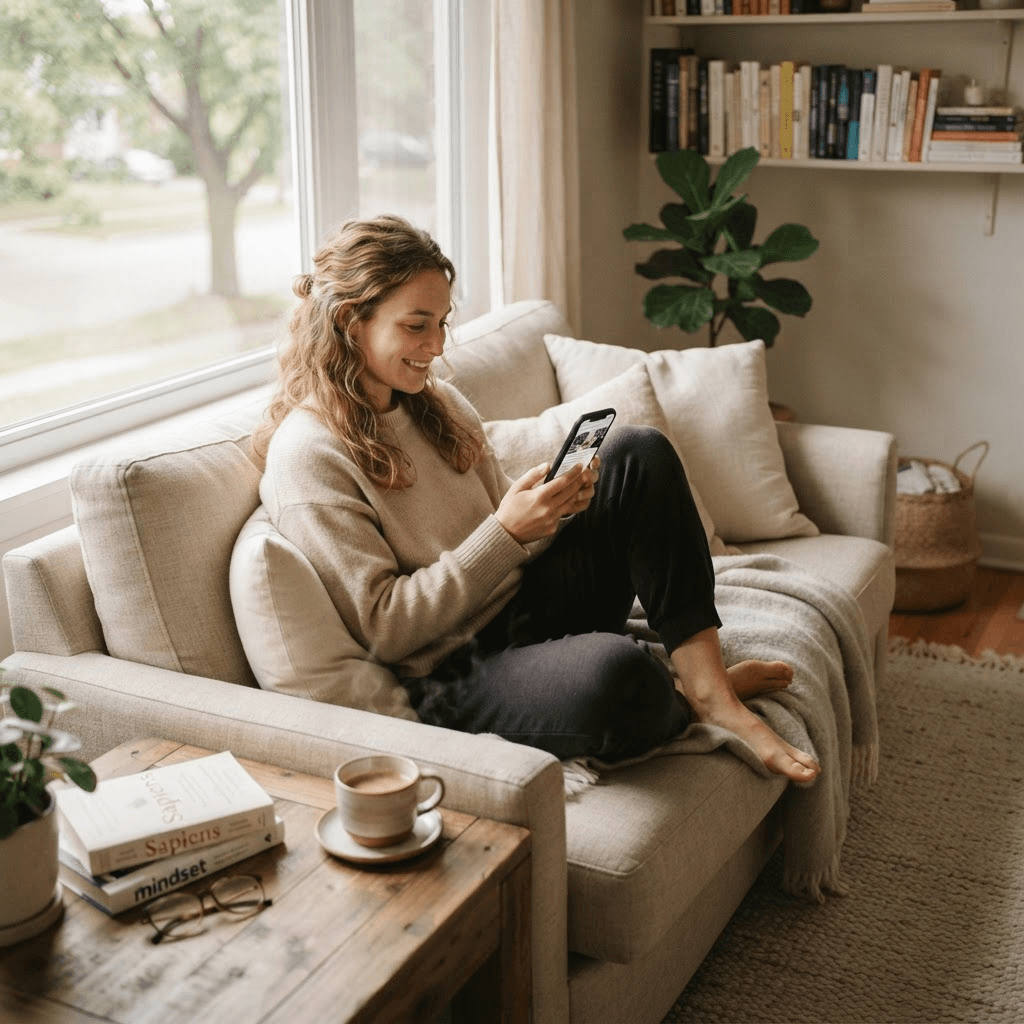 A person reading on a phone at home with a cup of coffee