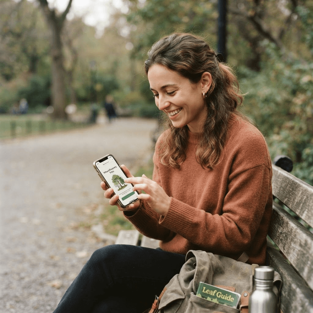A reader looking something up on a phone on a park bench